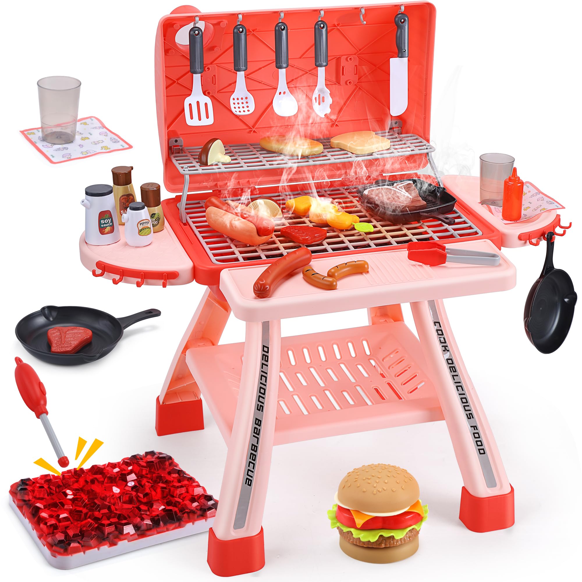 CUTE STONE Kids BBQ Grill Playset, Toy Grill Cooking Set with Sound, Lights & Spray, Play Grill Included Cookware, Play Kitchen Accessories, Play Food,Indoor Outdoor Kitchen Playset for Toddlers Girls