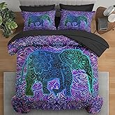 Pamnest Comforter Set Full Size, Elephant Tribal Floral 7 Pcs Bedding for Kids and Adults, Hippie Boho Purple Bed Sheet Sets with Fitted Sheet 2 Pillowcases & 2 Shams