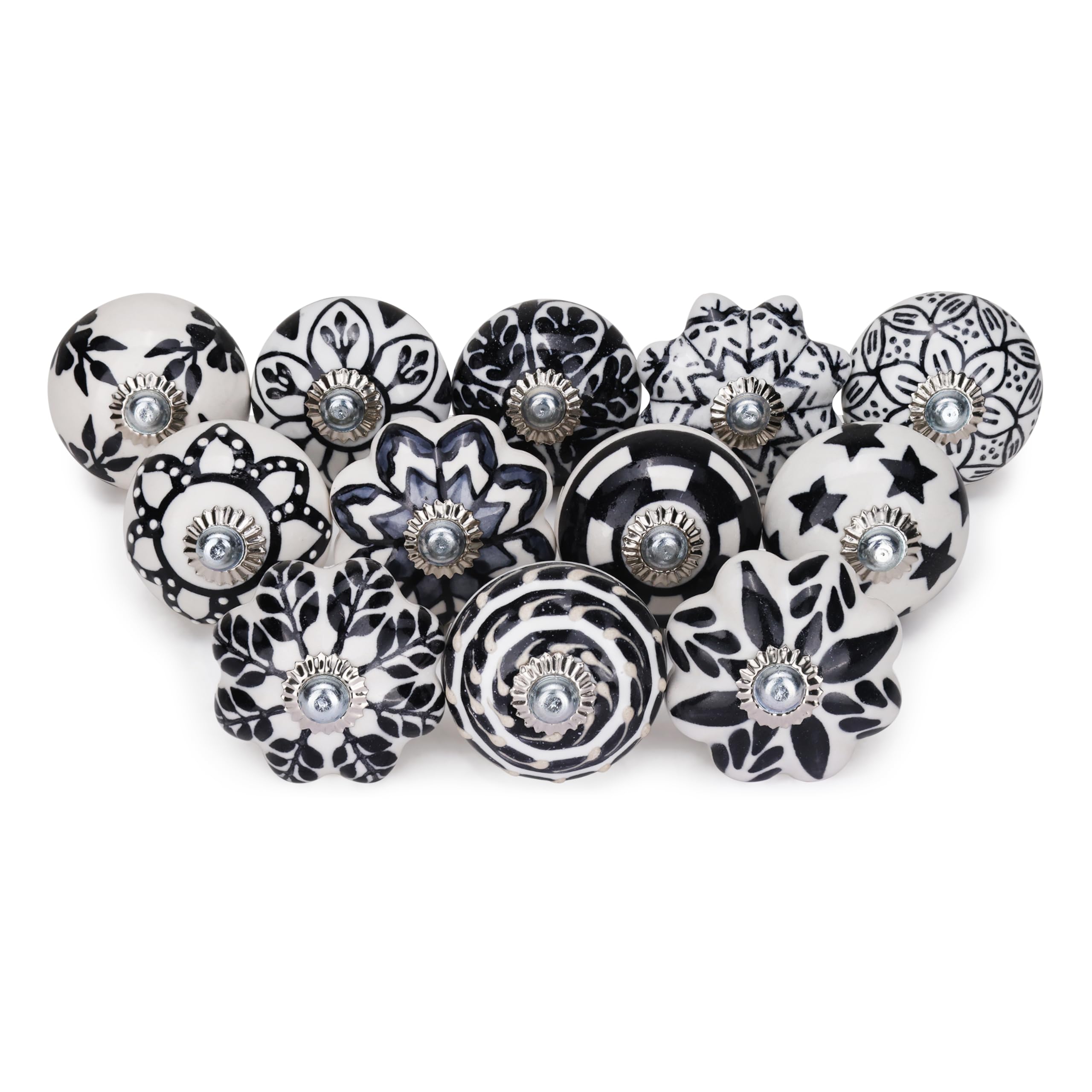 FURNISHFUL FINESSE Cabinet Multicolor Assorted Ceramic Drawer Pull Handle Kitchen Cupboard Wardrobe Black Knob Boho Room Decorative Dresser Drawers Knobs-Pack of 12