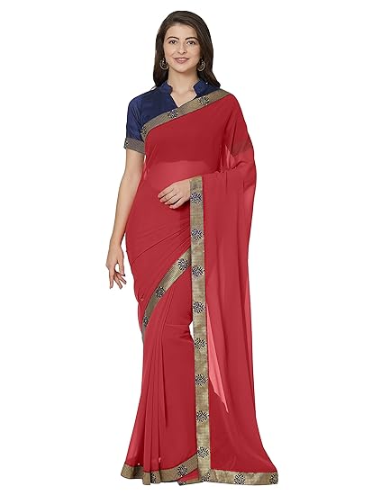 Womens Marble Chiffon Border Lace Saree with Contrast Blouse (9838)