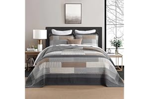 DDUOXIN 100% Cotton Oversized King Bedspread 128" W x120 L - Lightweight California King Quilt with 2 Pillow Shams, Farmhouse Stripe Reversible Bedspreads, Gray/Beige/Brown/Black