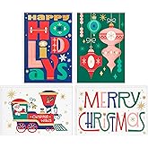 Hallmark Bulk Retro Christmas Card Assortment (40 Cards and 40 Envelopes) Pink and Green Ornaments, Mod Lettering, Vintage Santa Claus
