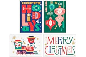 Hallmark Bulk Retro Christmas Card Assortment (40 Cards and 40 Envelopes) Pink and Green Ornaments, Mod Lettering, Vintage Santa Claus