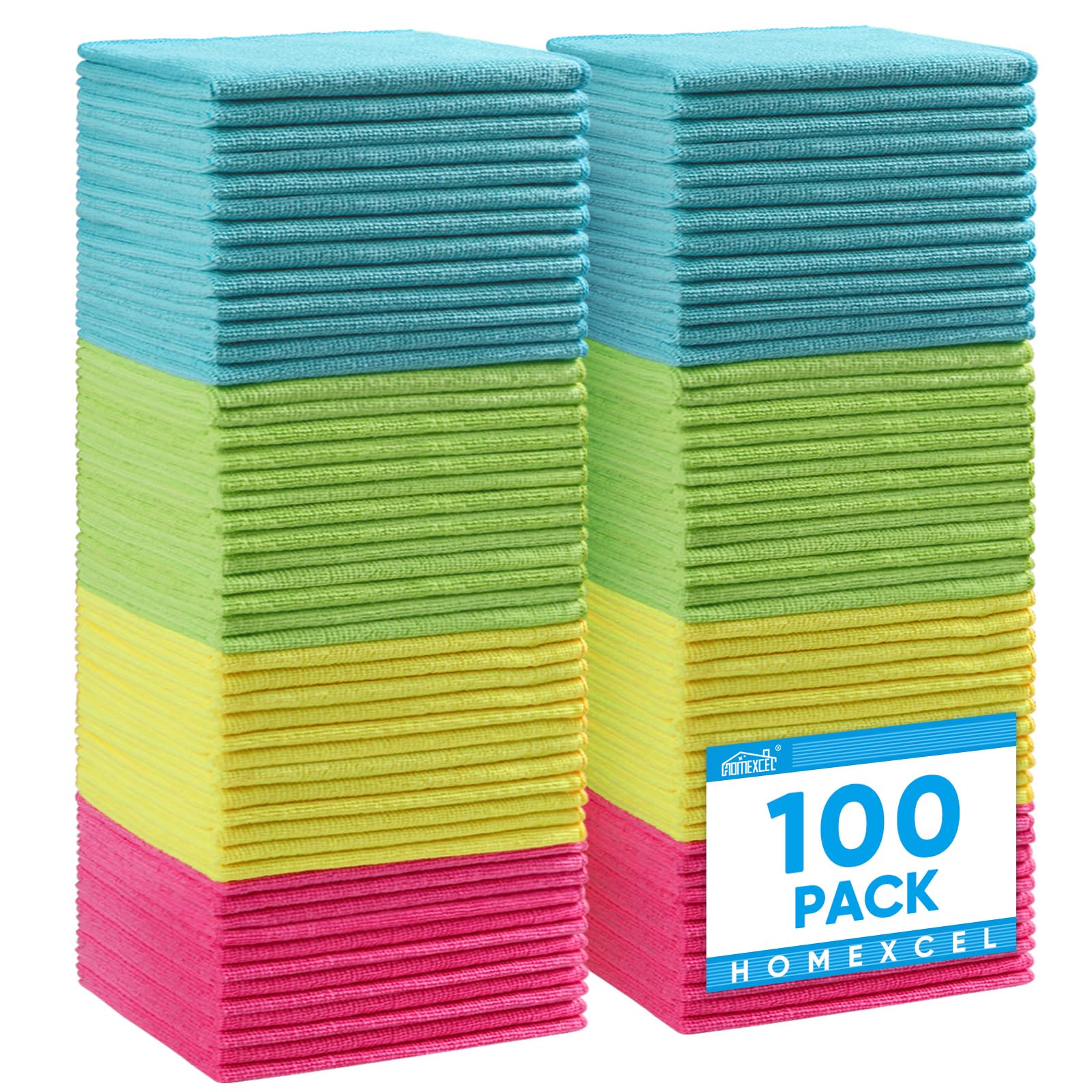 HOMEXCEL Microfibre Cloth,100 Pack Cleaning Rag,Microfibre Cleaning Cloths Towels with 4 Color Assorted,29 x 29 cm (Green/Blue/Yellow/Pink)