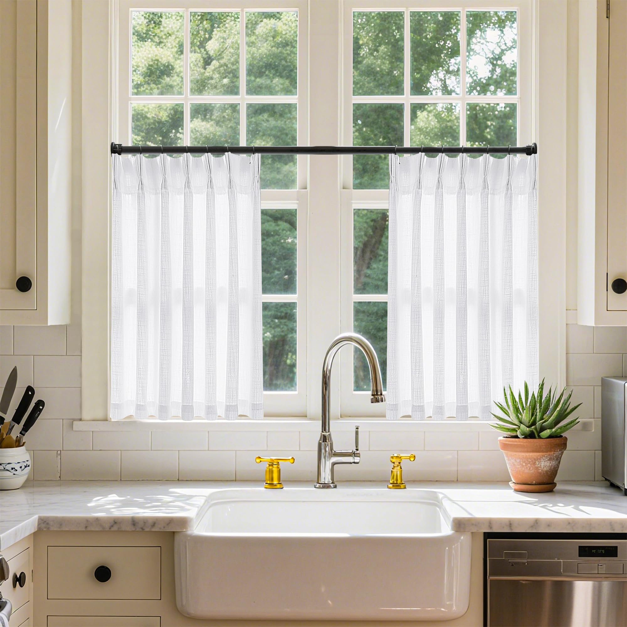 Photo 1 of White Linen Kitchen Window Curtains 2 Panels Pinch Pleated Linen Cafe Curtains 24 Inch Length Light Filtering Semi Sheer Boho Snow White Short Tier Drapes for Small Window Basement Bathroom RV
