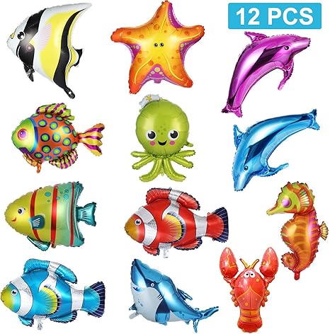 12 Pieces Foil Balloons Fish Balloons Large Sea Animal Balloons