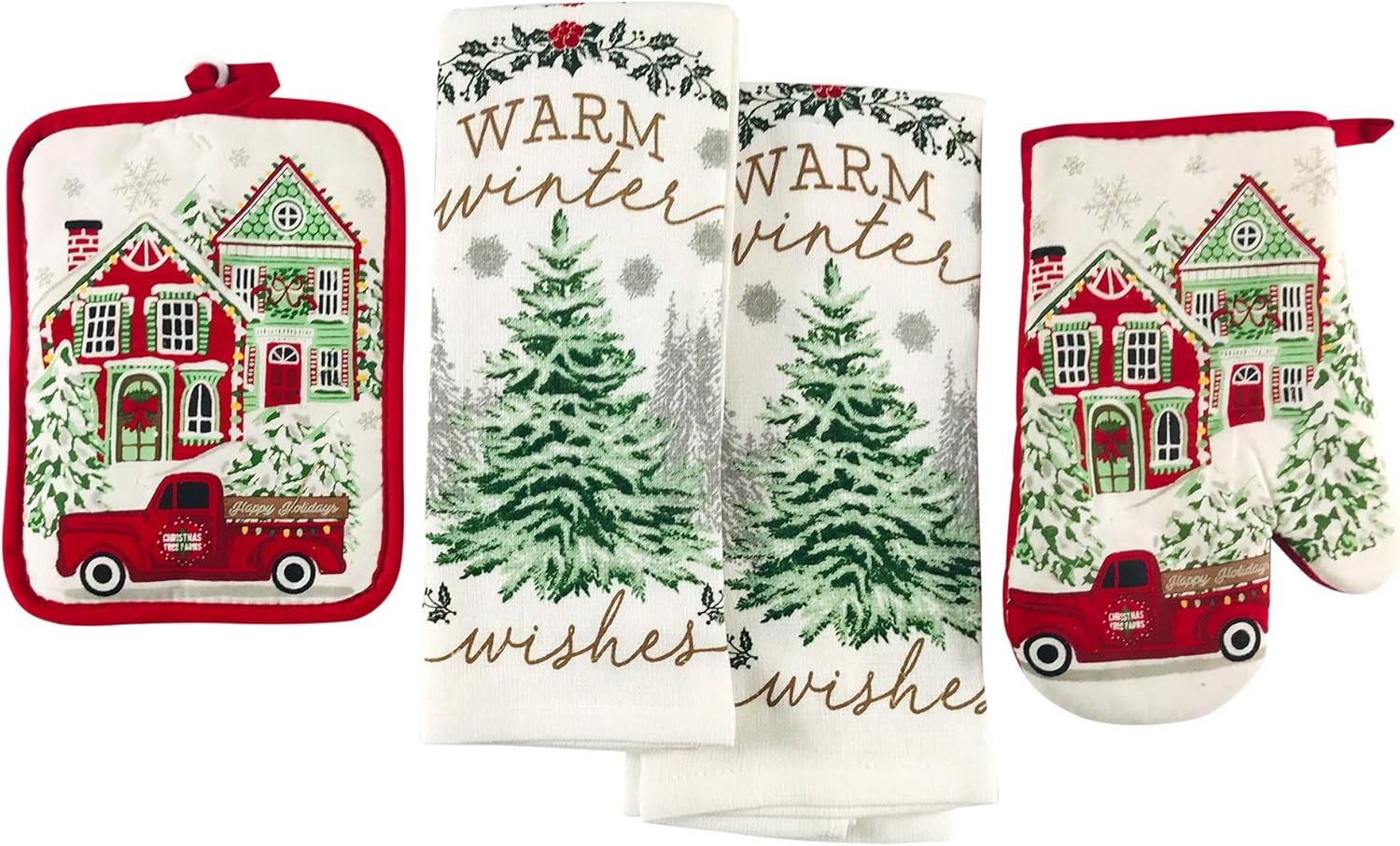 Holiday Winter Kitchen Towels Pot Holder Set Elegant