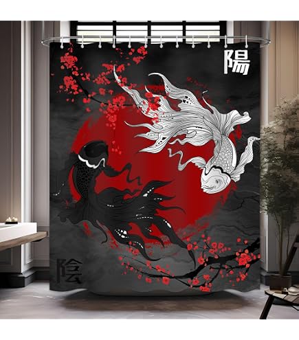 Duschvorhang Mit Asiatischem Aquarell-Muster – Japanische Fische, Lotusblätter, Zen-Design | 178x177.8 Cm, Inkl. Haken
