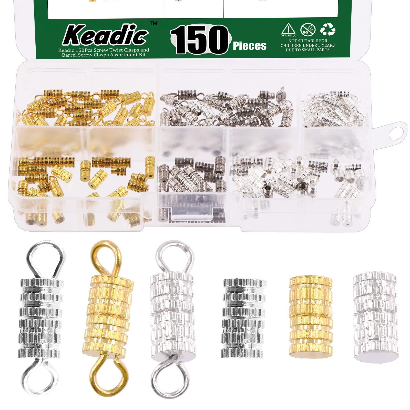 Keadic 150Pcs 3 Color Barrel Screw Twist Clasps Assortment Set Jewelry End Tip Caps Screw Barrel Clasps Connectors Hole Tube Fastener Jewelry Findings Supplies for Making Necklace Bracelet Anklet