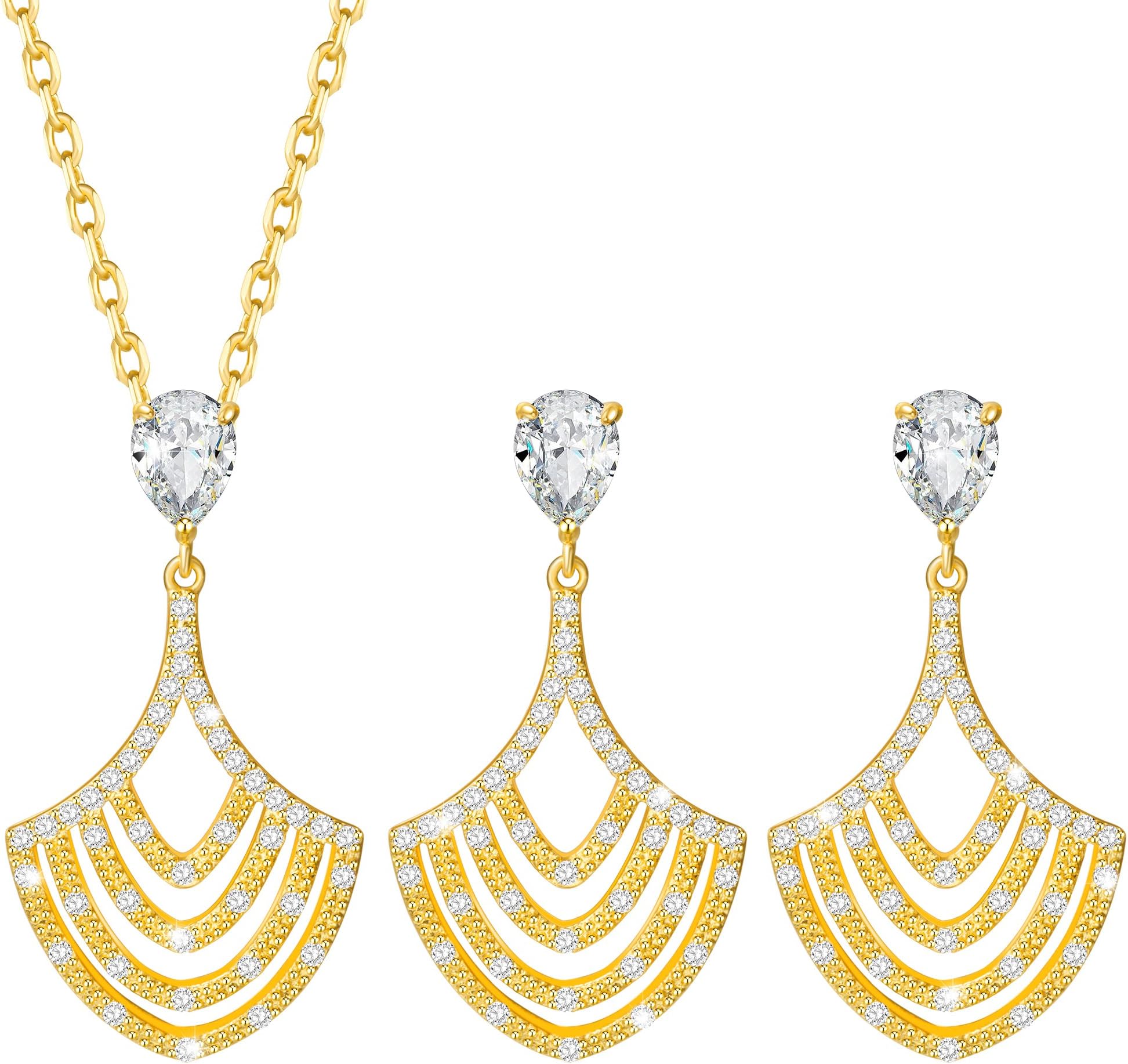 Marenja-Women's Fashion Jewellery Set-Oriental Hand Fan Necklace Pendant with Chain and Earrings-Gold Plated Crystal Jewellery