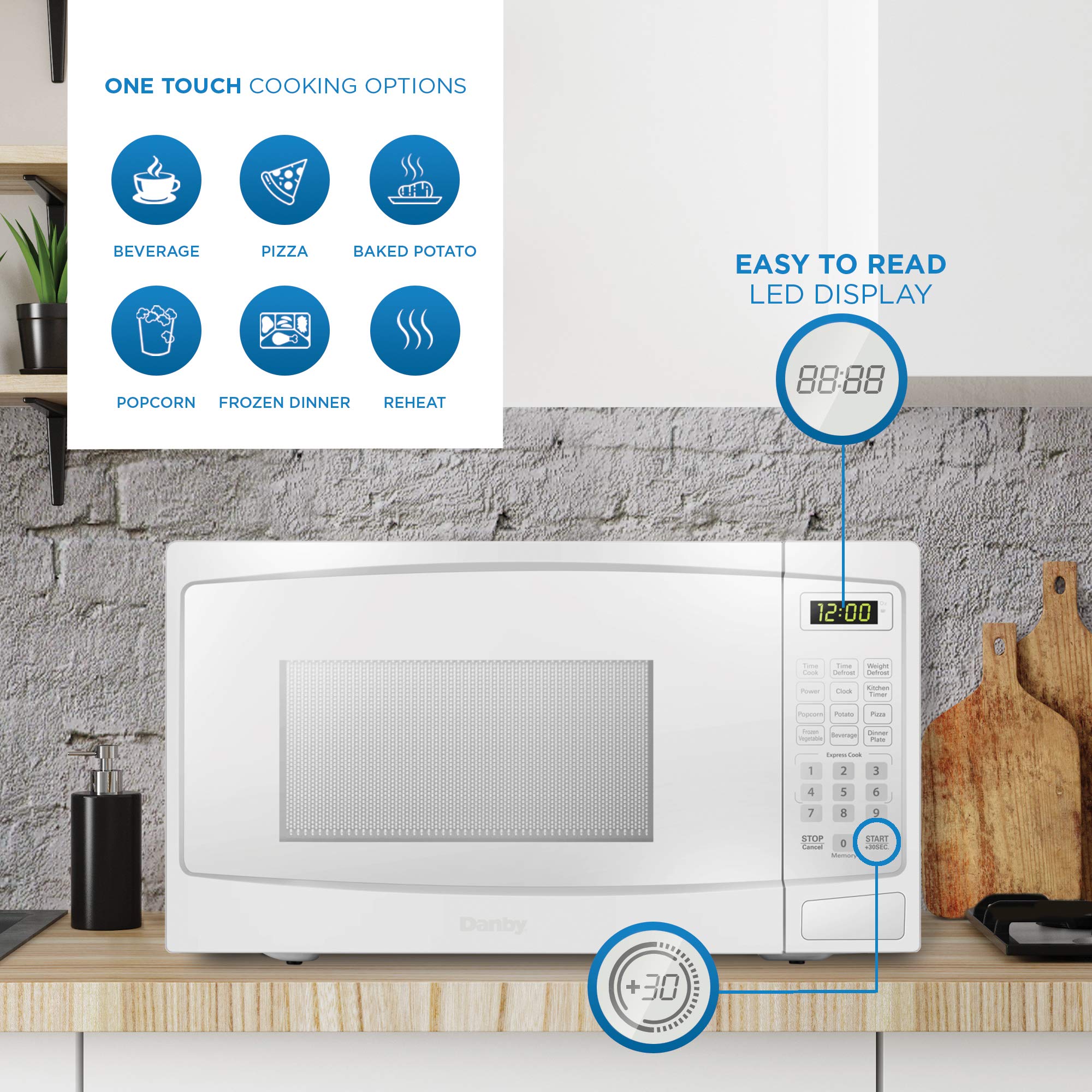 Danby DBMW1120BWW 1.1 Cu.Ft. Countertop Microwave In White - 1000 Watts, Family Size Microwave With Push Button Door