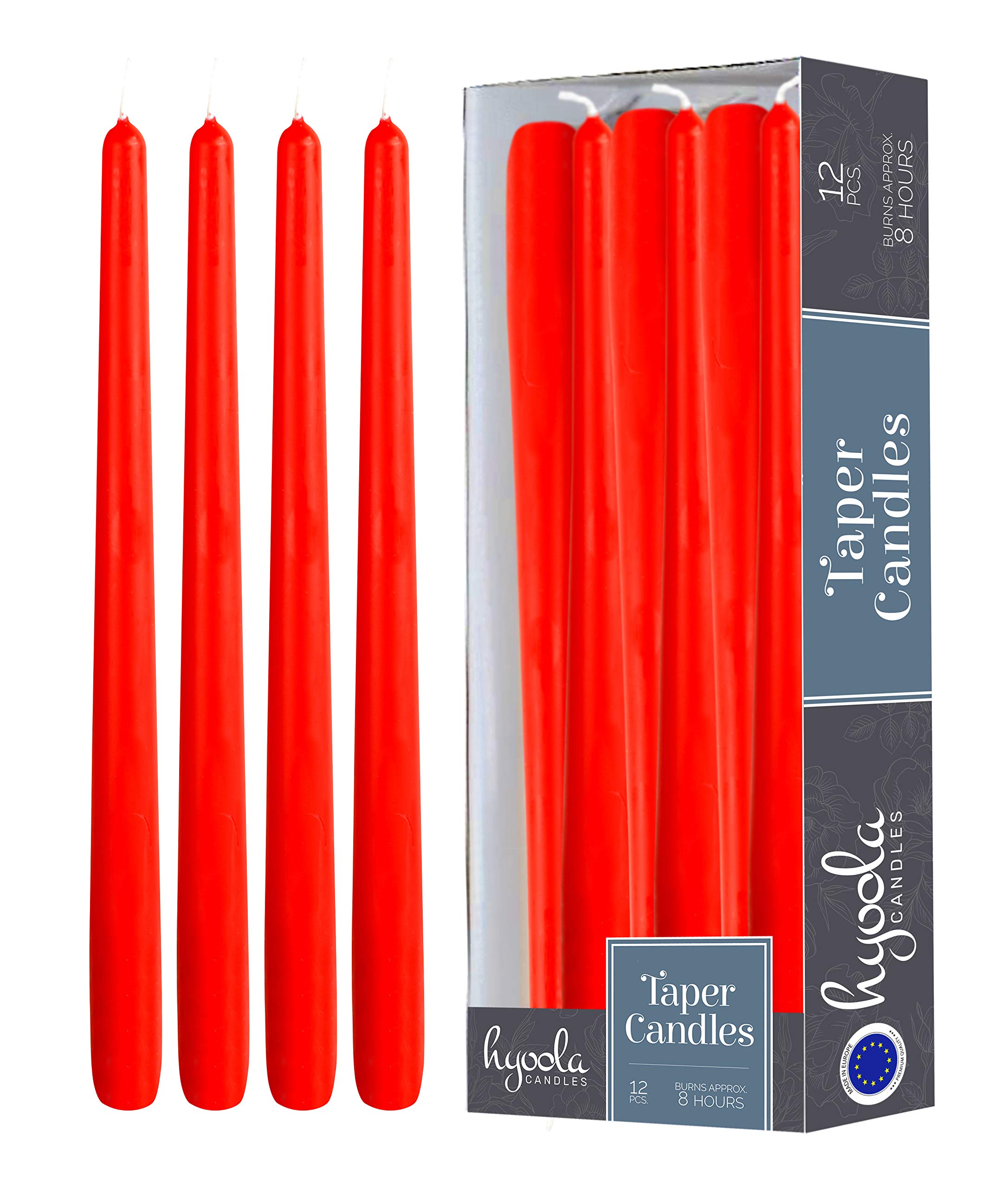 Hyoola Red Taper Candles - 250 mm (10 Inch) Unscented Dripless Taper Candles - 8 Hour Burn Time - 12 Pack
