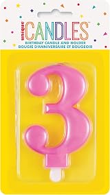 Unique Dazzling Metallic Pink Number 3 Birthday Candle - 1 Pc view 2