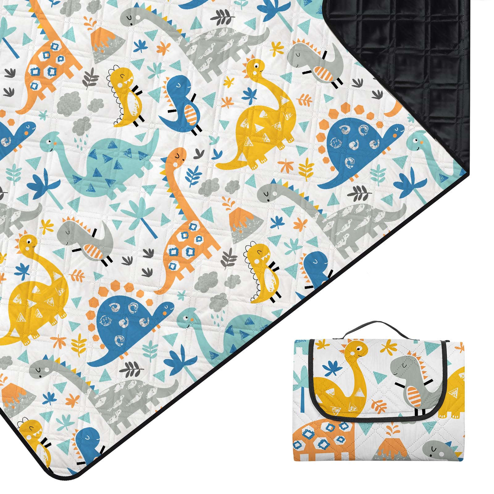 Outplea Dinosaur Picnic Blanket 200x200cm Waterproof for Family Kids, Large Padded Quilted Picnic Mat Outdoor Rug Sandproof for Camping Beach Garden, Machine Washable