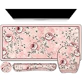 4 in 1 Large Mouse Pad, Keyboard Wrist Rest Set, Ergonomic Mouse Pad with Wrist Support, Desk Mat with Stitched Edges Extended Desk Pad Waterproof Desk Mat for Home Office Game I Pink Rose Flowers