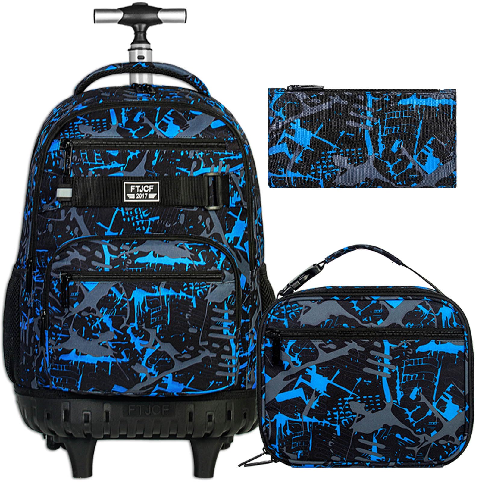 Photo 1 of ZLYERT 3Pcs Rolling Backpack for Boys Men, Travel Roller Backpacks with Wheels for Adults, Teens College Graffiti Wheeled Bookbag with Lunch Box(Blue)