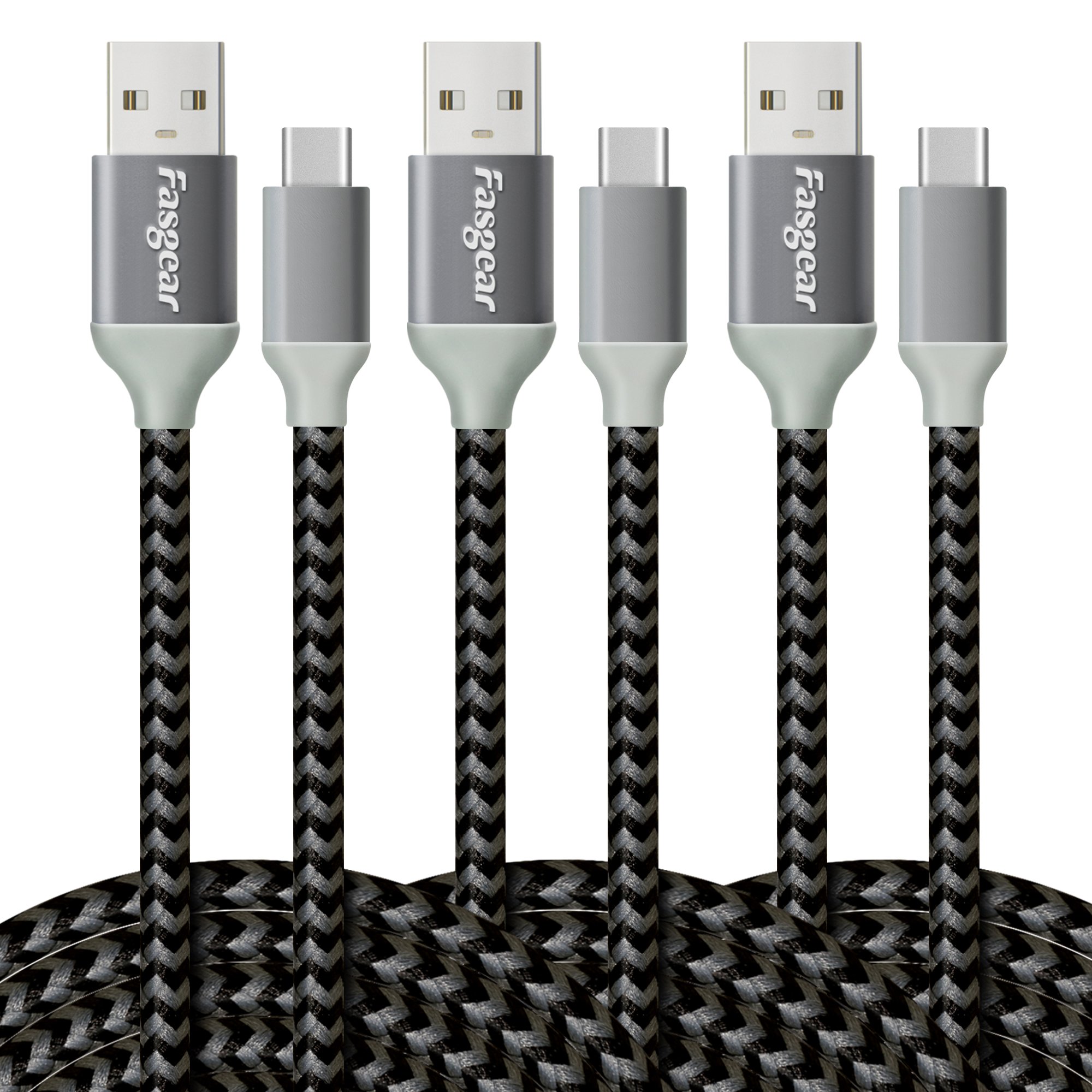 Fasgear USB to USB C Cable (10ft) Extra Nylon Braided USB Type C Cables Fast charging Sync Compatible with Galaxy S10/S9/S8+, Moto Z2, LG V30/G6, Nokia N1 and More (3 Pack, Black) โ image 1
