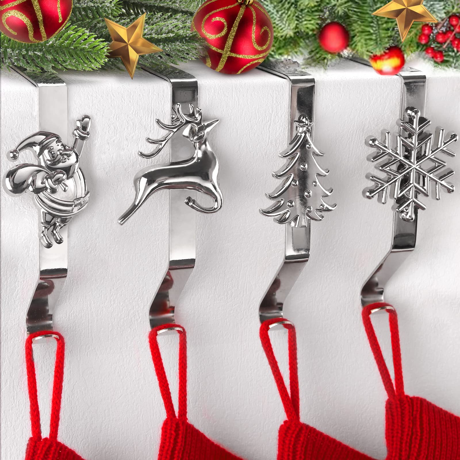 4PCS Christmas Stocking Hangers for Fireplace, Kalolary 4 Styles Christmas Stocking Holders for Mantle Non-Slip Sturdy Mantel Stocking Hooks for Christmas Holiday Home Decoration (Silver)