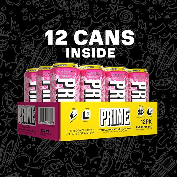 PRIME ENERGY STRAWBERRY LEMONADE, SUGAR FREE ENERGY DRINK, 200MG CAFFEINE AND 355MG OF ELECTROLYTES FOR HYDRATION, LOW CALORIE, VEGAN, GLUTEN FREE,16 FLUID OUNCE, 12 PACK