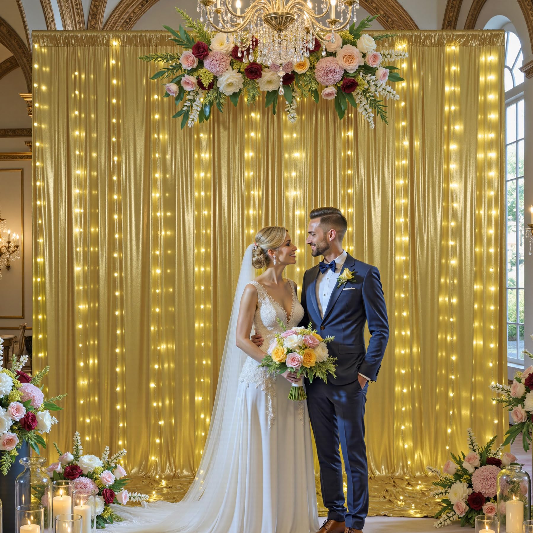 Photo 1 of 10x10 ft Gold Sequin Backdrop Curtain with Lights for Parties, Wrinkle Free Glitter Photo Backdrop Drapes Shimmer Back Drop Cloth with Light Strings for Wedding Birthday Photography Background