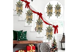 IPOPU 4PCS 24in Gold Christmas Swags Cordless Prelit Teardrop Swag, Christmas Stairs Decorations Light up Christmas Swag Wreath for Stair Window Wall Home Decor (Gold)