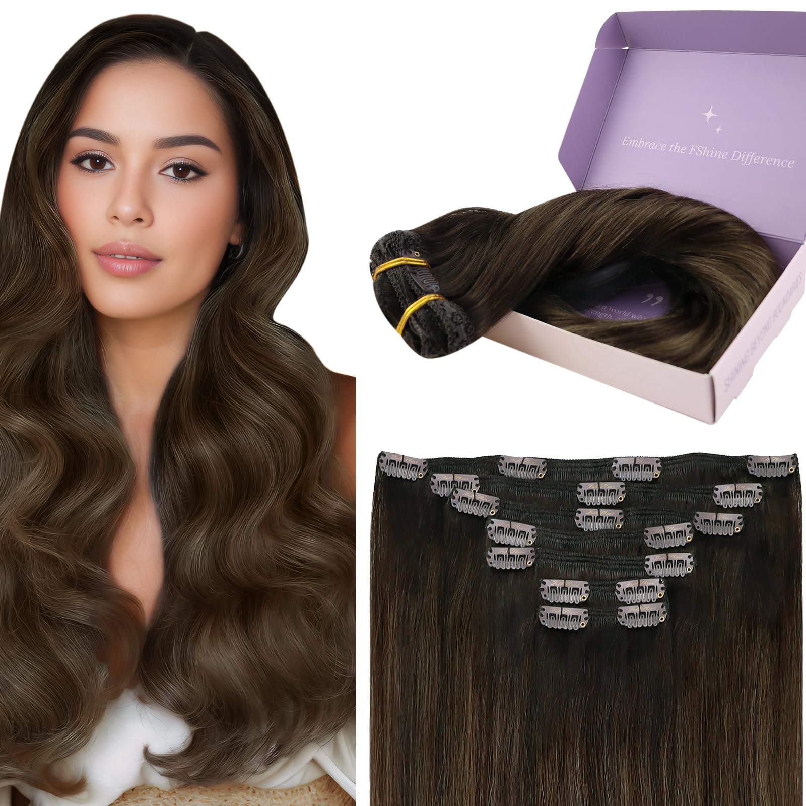 Fshine Clip in Hair Extensions Human Hair Darkest Brown Fading to Light Brown Highlight Darkest Brown Double Weft Real Human Hair Clip in Extensions 14 Inch 7pcs/120g Hair Extensions Clips — image 1