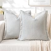 MIULEE Pack of 2 Light Blue Pillow Covers 18x18 Inch Striped Farmhouse Couch Spring Spring Throw Pillow Covers with Fringe Chic Cotton Decorative Cushion Covers for Sofa Living Room Bed Home Decor