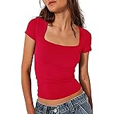 BAIGRAM Women Square Neck Crop Top Short Sleeve T Shirts Slim Fitted Going Out Tops Y2K Cute Summer Basic Tees Trendy
