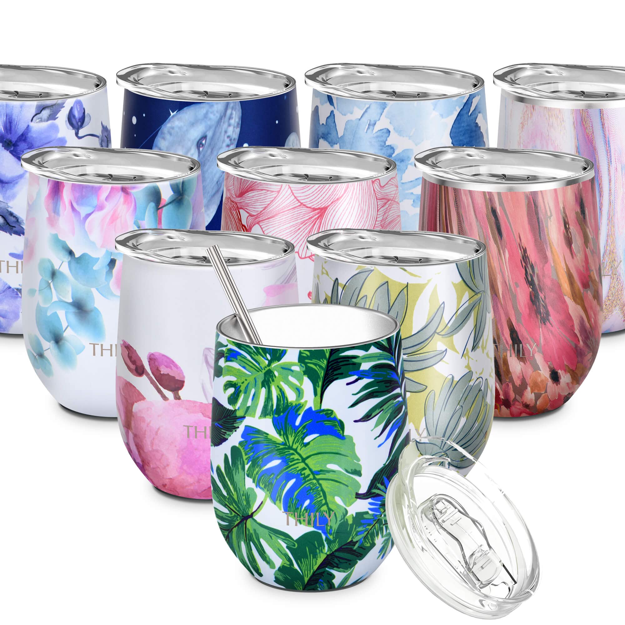 THILY Stemless Wine Tumbler Vacuum Insulated 350 ml Triple-Insulated Stainless Steel Wine Glass with Lid, Straw, Keep Cold for Coffee, Cocktails, Green Plants