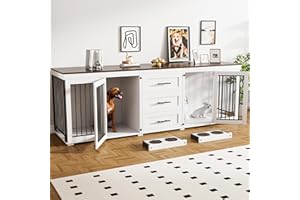Rophefx 94.5" Dog Crate Furniture for 2 Dogs, Large Dog Kennel Furniture with 3 Storage Drawer, Wooden Dog Cage with 4 Bowls, Indoor Dog House TV Stand with Locks for Large Medium Dog, White
