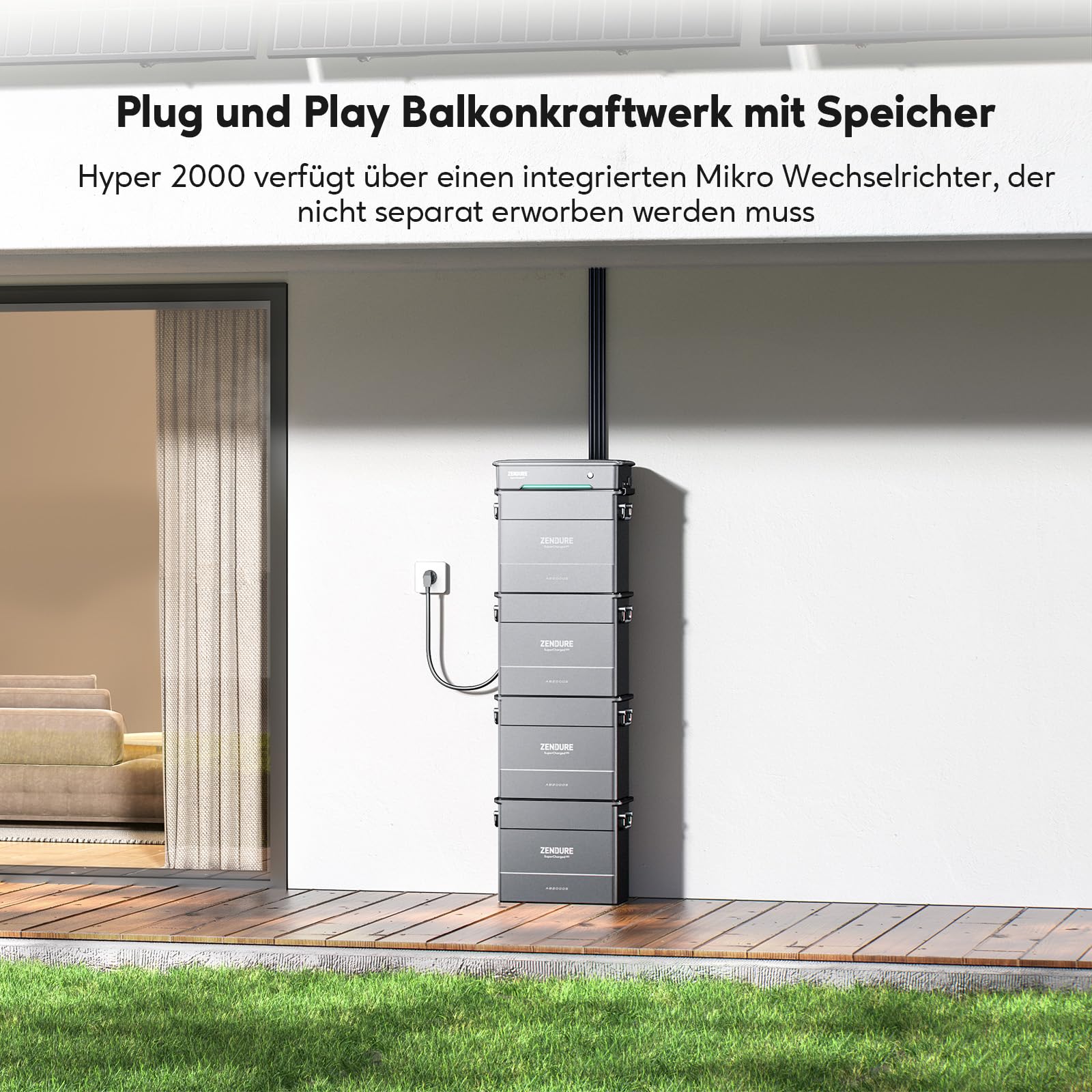 Zendure Balkonkraftwerk mit Speicher, Hyper 2000 mit 1800W Solar Eingang, 1200W AC-Laden, 1200W Ausgang, Eingebaute Mikrowechselrichter, TOU, 1920Wh, 1720W bifacial Solarpanel, mit Smart Meter D0 2