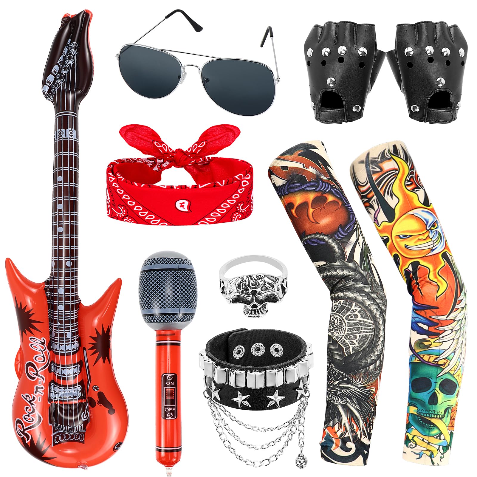 Dreamtop 10Pcs Punk Rockstar Fancy Dress Gothic Rocker Costume Set Rock Star Accessories with Gloves Sunglasses Bandana Tattoo Sleeves Bracelet Ring Inflatable Guitar Microphone