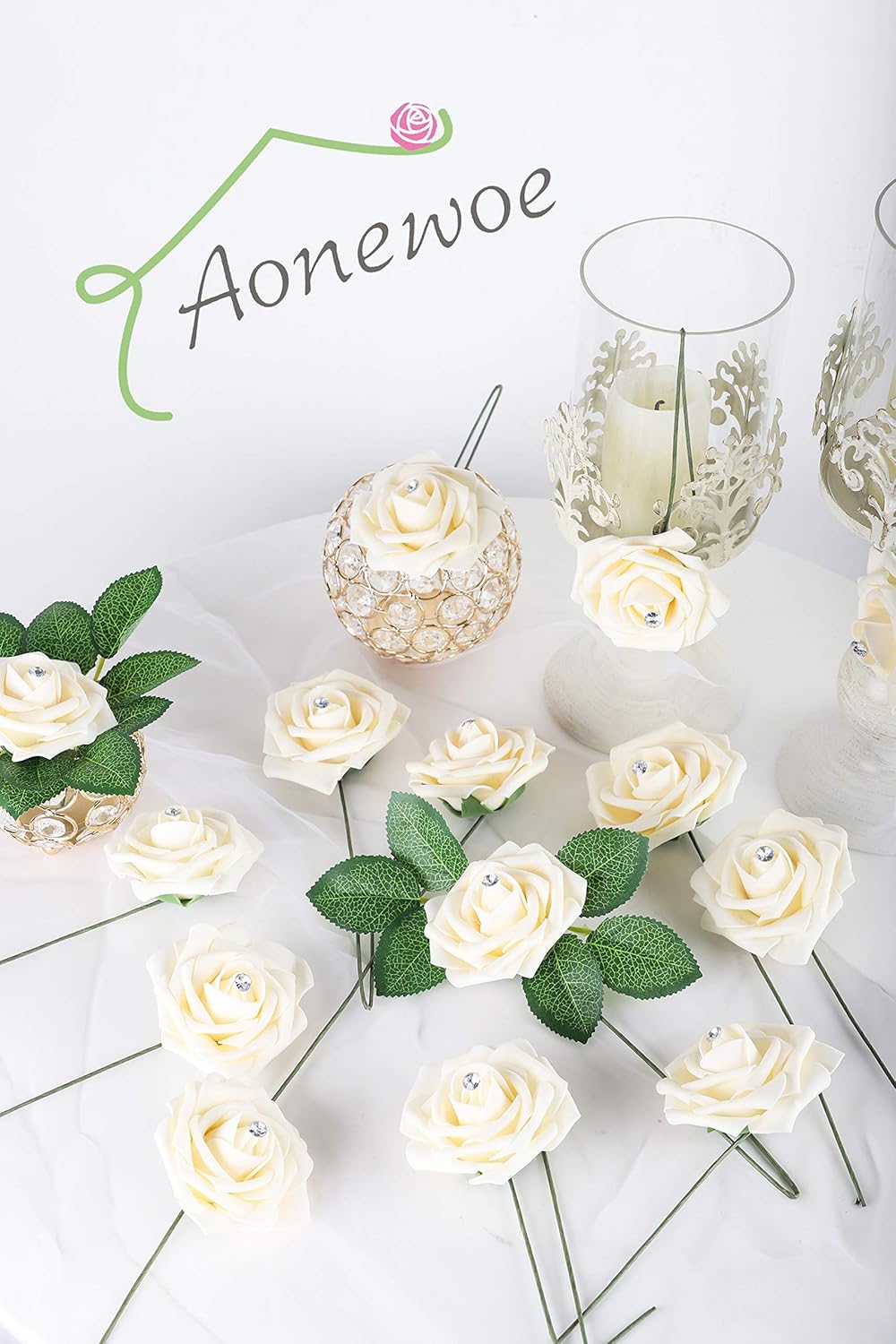 Champange Aonewoe Artificial Flowers 50pcs Reak Looking Foam Rose Flowers Wtih Demond For Diy Wedding Bouquets Centerpieces Bridal Shower Party Home Decorations Home Decor Home Kitchen Environews Tv