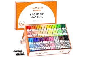Shuttle Art 304 Pack Washable Markers, 16 Assorted Colors Broad Line Conical Tip Large Markers Bulk with a Box, Bonus Caps, H