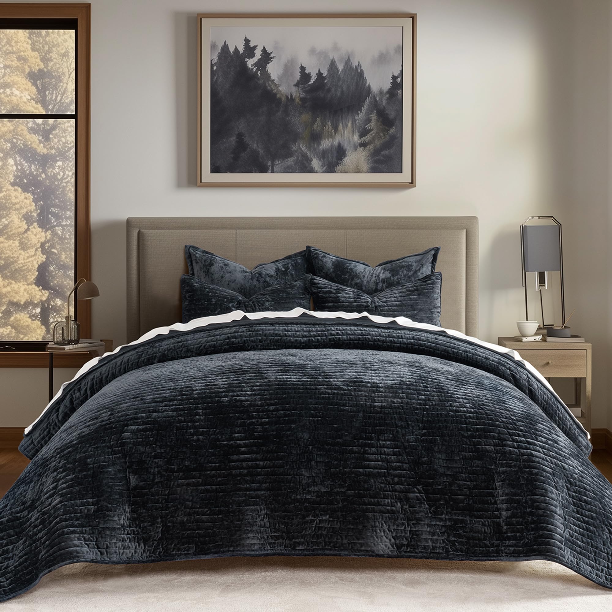 Photo 1 of EVERGRACE Velvet Quilt Set King Size, Luxurious Soft Striped Channel Bedding Set, Lightweight Velvet Comforter for All Season, Oversized Bedspread Coverlet with 2 Matching Shams, Black