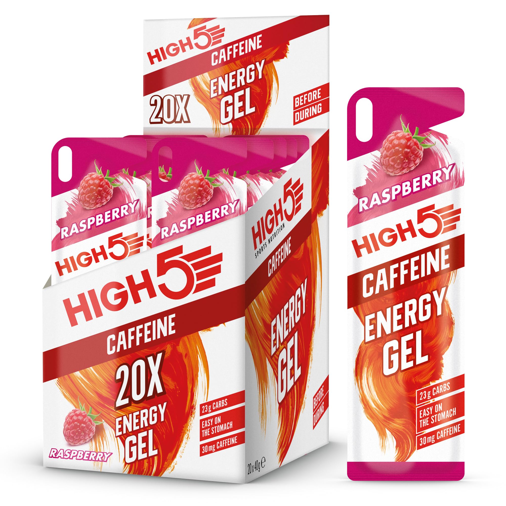 HIGH5 Caffeine Gels Running - Glucose Shots for Instant Energy and Running Fuel - Natural Fruit Juice Energy Shots - Sports Gel for Running, Cycling, Ultra Marathon, Ironman (Raspberry, 20 x 40g)