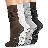 YSense 4 Pairs Pilates Socks with Grips for Women Non Slip Long Slouch Socks Yoga Grippy Sock Slouchy Barre Hospital Slipper