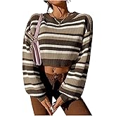 OYOANGLE Women's Color Block Striped Sweater Crew Neck Lantern Long Sleeve Cropped Casual Loose Knitted Tops