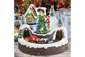 WONDER GARDEN Christmas Village Houses-Christmas Houses - Colorful Music Snow Villages Figurine with Santa,Ladder, Tree,Rotating Railway Train and Led Lights for Home Decor or Gift