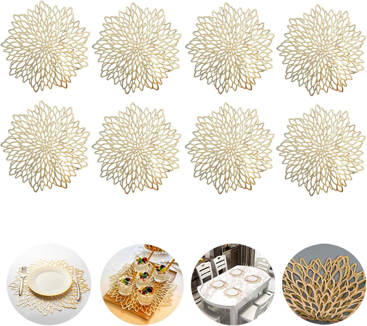 Gold Placemats and Table Mats Sets, Washable Hollow Round Place Mats for Kitchen Table Heat Resistant PVC Table Mats for Dining Table Christmas, Wedding, Restaurant, Hotel,15.5inches (Sets of 8)