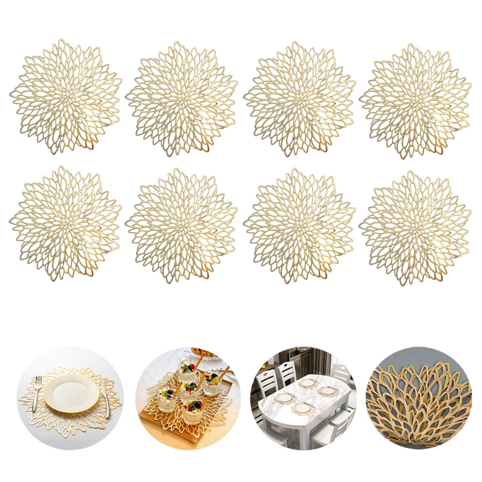 Gold Placemats and Table Mats Sets, Washable Hollow Round Place Mats for Kitchen Table Heat Resistant PVC Table Mats for Dining Table Christmas, Wedding, Restaurant, Hotel,15.5inches (Sets of 8)