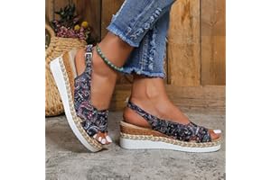 Dheva-C Ladies Fashion Summer Cashew Flower Printed Fabric Face Open Toe Buckle Slope Heel Thick Sole Sandals Sandals Insoles for Women (Dark Blue-6, 8.5)