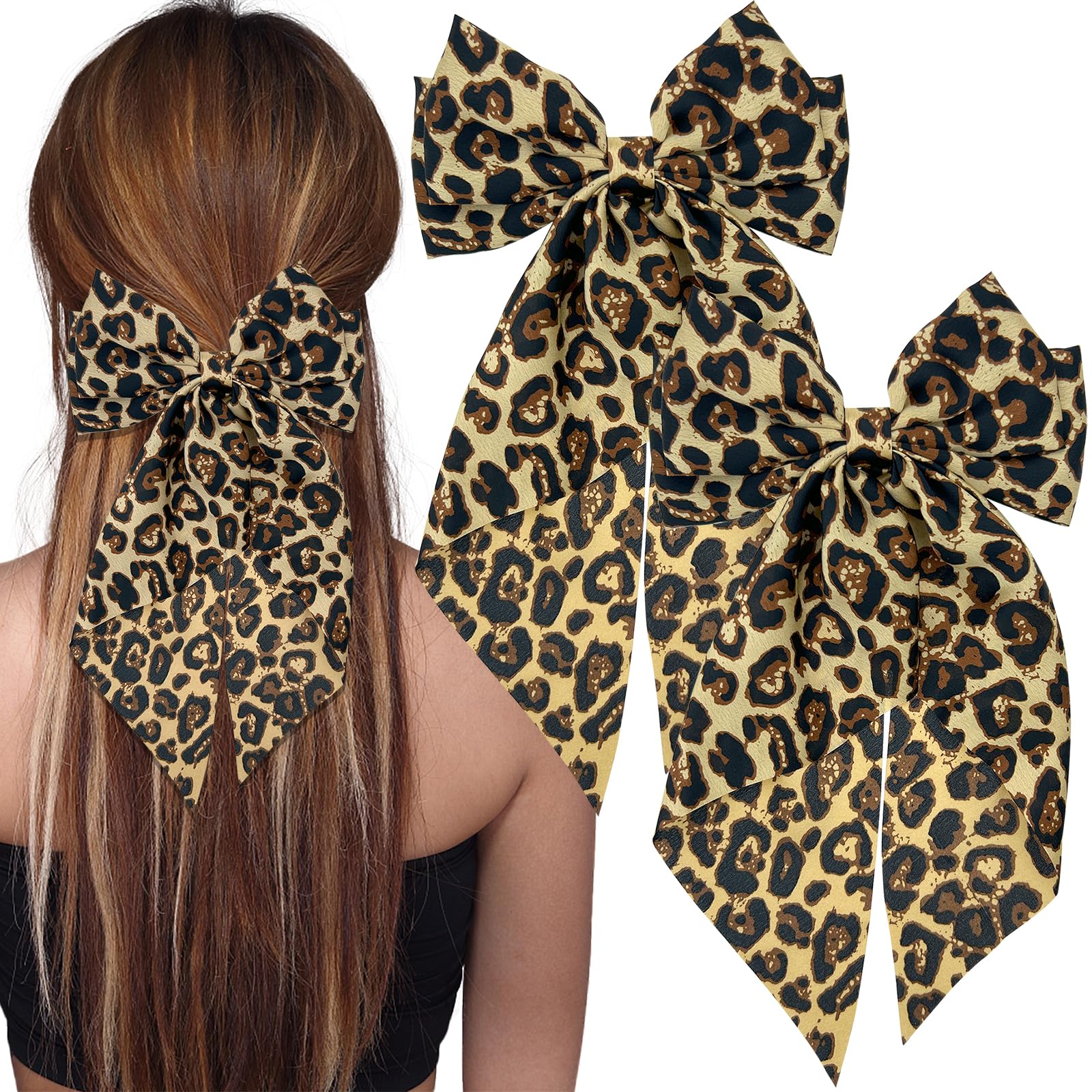 2PCS Cheetah Bow,Cheetah Accessories, Hair Bows For Women,with Long Tail Big Bow Hair Clips, Ribbon Satin Cheetah Print Hair Bow Barrette Bowknot, for Women And Girls Ponytail Hair(Brown)