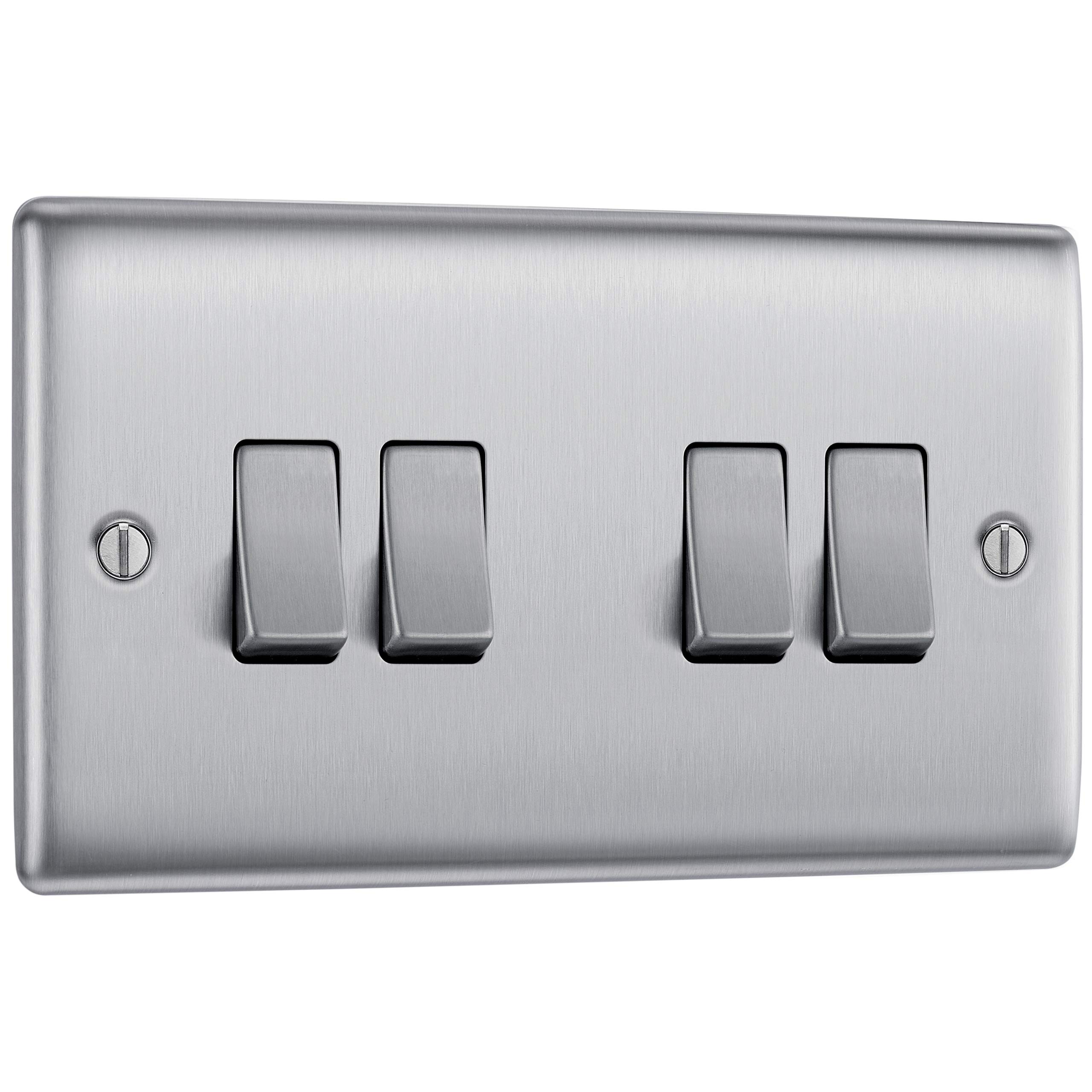 BG Electrical Quadruple Wall Light Switch, 2 Way, Raised and Slim Profile, Round Edges, Nexus Metal, Brushed Steel, 20A, 16AX, NBS44