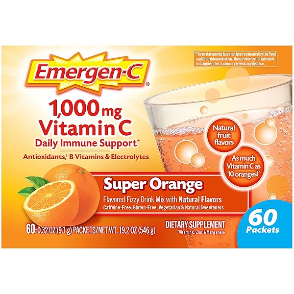EMERGEN-C 1000MG VITAMIN C POWDER FOR DAILY IMMUNE SUPPORT CAFFEINE FREE VITAMIN C SUPPLEMENTS WITH ZINC AND MANGANESE, B VITAMINS AND ELECTROLYTES, SUPER ORANGE FLAVOR – 60 COUNT/2 MONTH SUPPLY