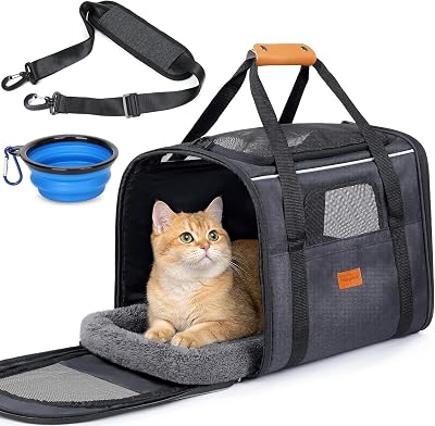 Transportín Perro Gato, Bolsa de Transporte Transpirable para Mascotas, Portador de Viaje con Correa de Hombro Ajustable, Transporte de Gato con Colchón Suave + Tazón Plegable 45,7L x 31,8W x 35,6H cm