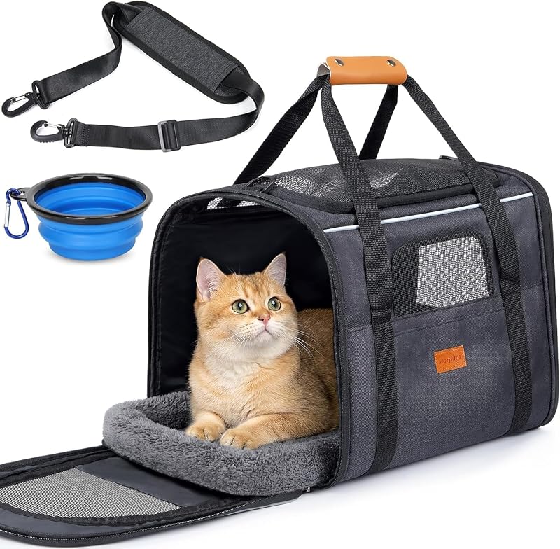 Transportín Perro Gato, Bolsa de Transporte Transpirable para Mascotas, Portador de Viaje con Correa de Hombro Ajustable, Transporte de Gato con Colchón Suave + Tazón Plegable 45,7L x 31,8W x 35,6H cm