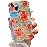 XIZYO Case for iPhone 15, Colorful Retro Oil Painting Flower Cute Floral Aesthetic Curly Wave Frame Laser Glossy Reflective Exquisite Stylish Protective Cover Women Girls-Rose Flower/Blue