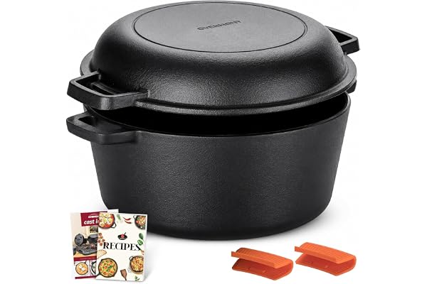 Overmont Dutch Oven Cast Iron Casserole Pot 5 QT Dual Function Lid Griddle Skillet Pre Seasoned with Handle Covers for Campin