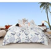 Coastal Duvet Cover Set Queen Size,Beach Seashell Starfish Coral Bedding Set 3Pcs,Sea Ocean Theme Comforter Cover for Kids Teens Adult Bedroom Decor,Navy Sketch Nautical Quilt Cover,(Not Comforter)